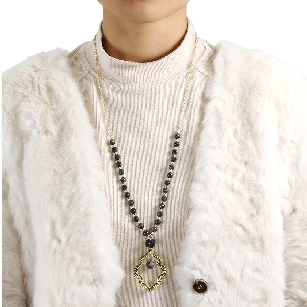 Fashion Western Ethnic Bohemian Jewelry 6mm Natural Stone Glass Pig Nose Chain Necklace Faced Stone Drop Pendant Necklace