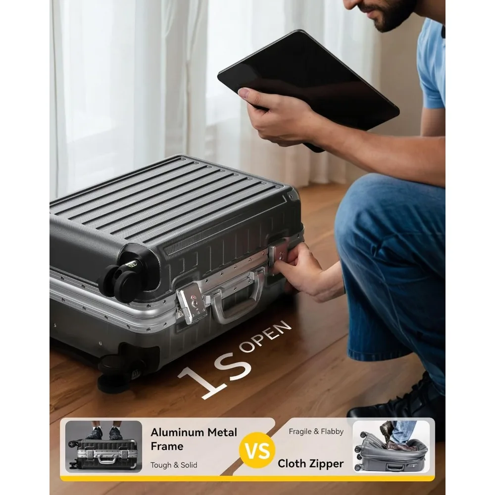 28-Zoll-Spinner-Gepäck mit Aluminiumrahmen, Reißverschlussloser Hartschalenkoffer aus Polycarbonat, Kohlemetall für Reisen