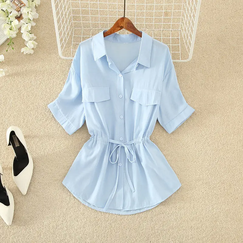 Casual Temperament Short Sleeved Waistband Chiffon Shirt for Women's Summer New Loose Slimming Belly Covering Age Reduction Top