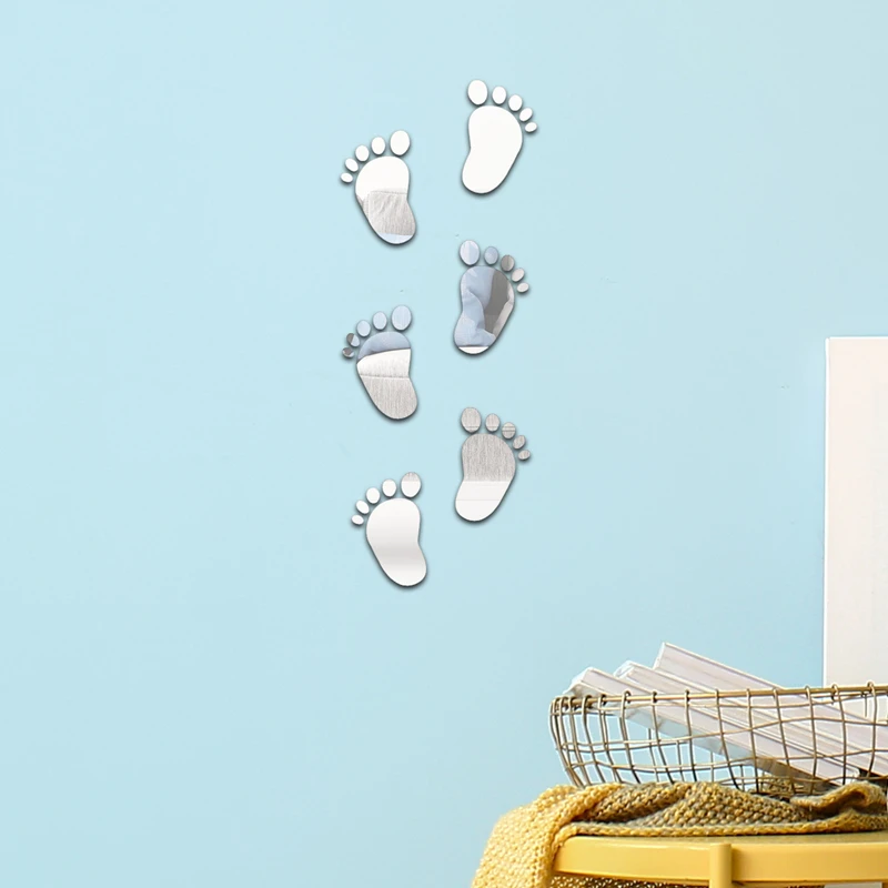6pcs/set Self Adhesive Mirror footprint Wall Sticker Acrylic DIY Removable Mirror Wallpaper Home Room Bedroom 3D Wall Decor