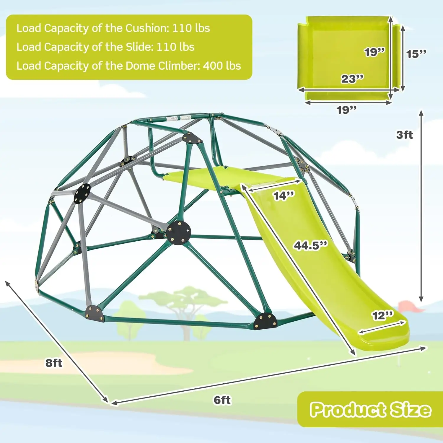 Dome with Slide, 8FT Kids Jungle Gym Monkey Bar Climbing Toys for Outdoor, 2 in 1 Indoor Geometric Dome Climber Playground Set f