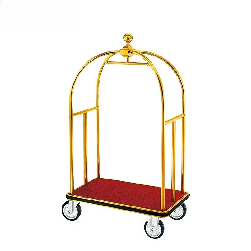 Hotel lobby luggage cart, gold-topped trolley, airport luggage transportation