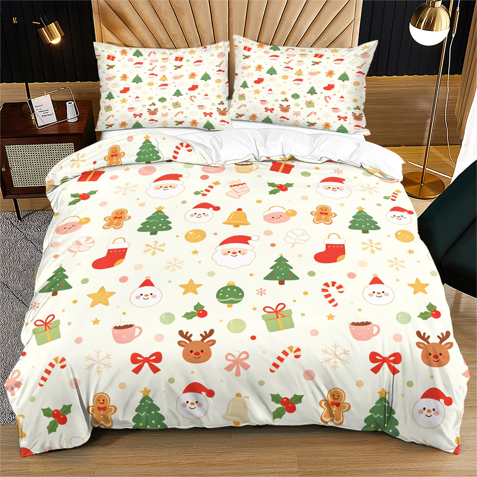 Christmas Duvet Cover Set Cute Santa Reindeer Gingerbread Man Xmas Tree Print Bedding Set Soft Polyester Quilt Cover with Zipper