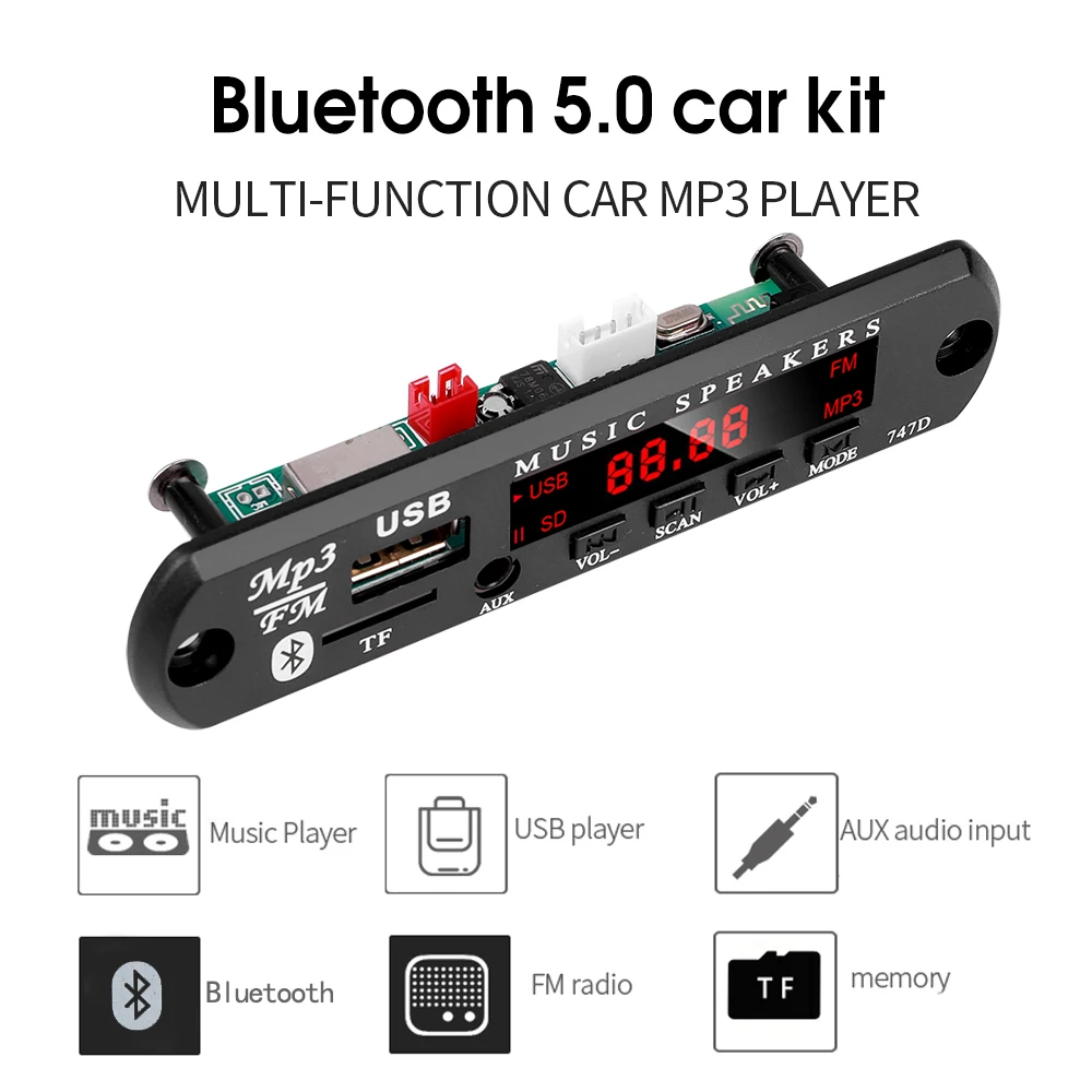 Kebidu 6V-24V Bluetooth 5.0 Car Kit Wireless MP3 Decoder Board Audio WMA Car Music Player Module Lossless Audio USB AUX TF Radio