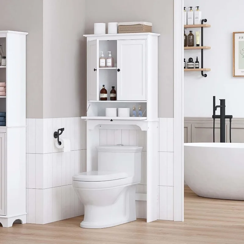 Over The Toilet Storage Cabinet, Bathroom Above Toilet Storage Cabinet with Doors and Adjustable Shelves, White