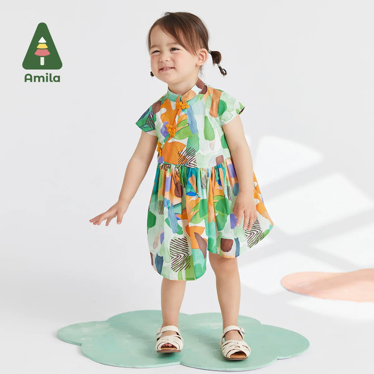 

Amila Baby Girls 2023 Summer New 100% Cotton Cute Chinese Style Cheongsam Irregular Hemline Casual Dresses Children Clothes 0-6Y