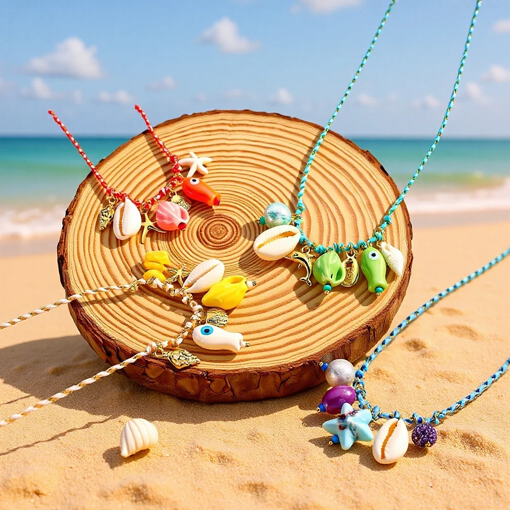 

Braided Cord Necklace with Shell, Starfish, and Ceramic Fish Pendants Summer Boho Necklace