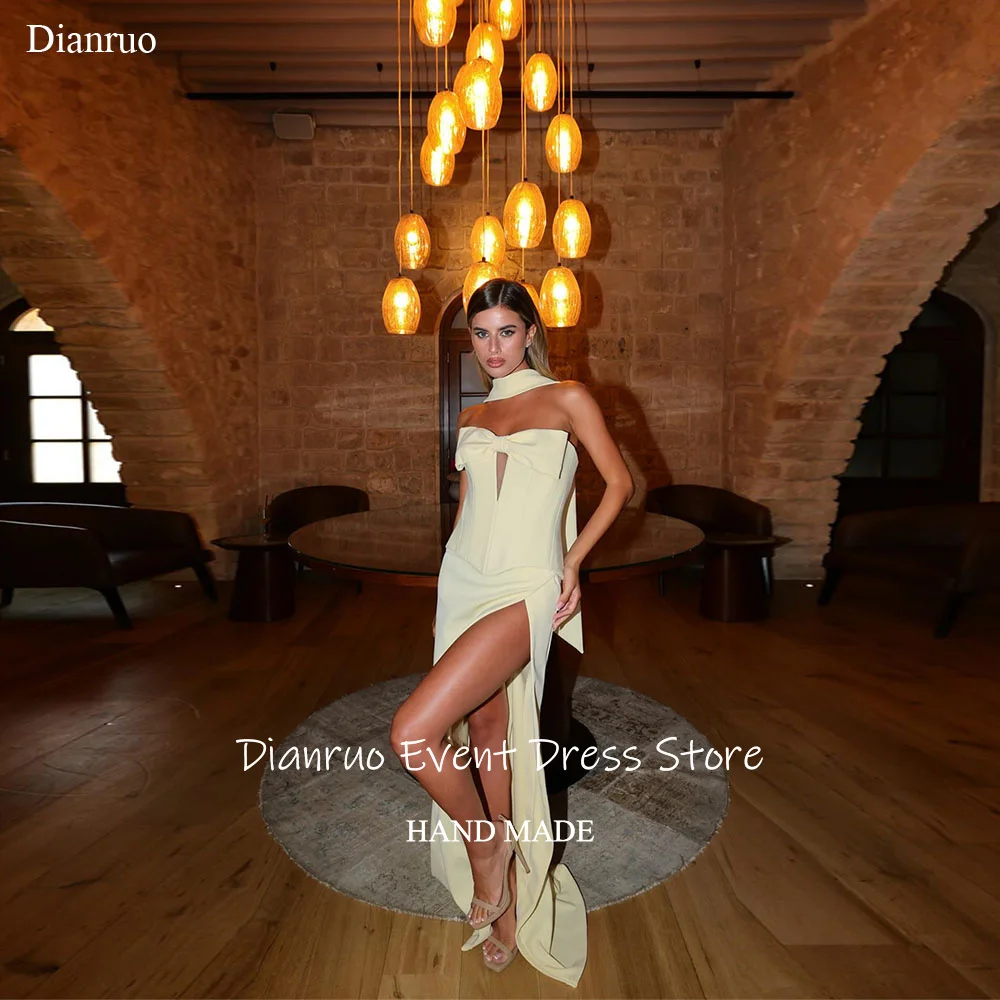 

Dianruo Cut Out Bow Strapless Evening Dress Ribbons Satin Abiti Da Cerimonia High Slit Asymmetric Dresses For Women Customized