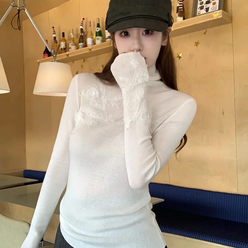 

Chic White Lace Flower High Ne Knitted Base irt Women's Faion Korean Sle Long Sve Regular Length Color