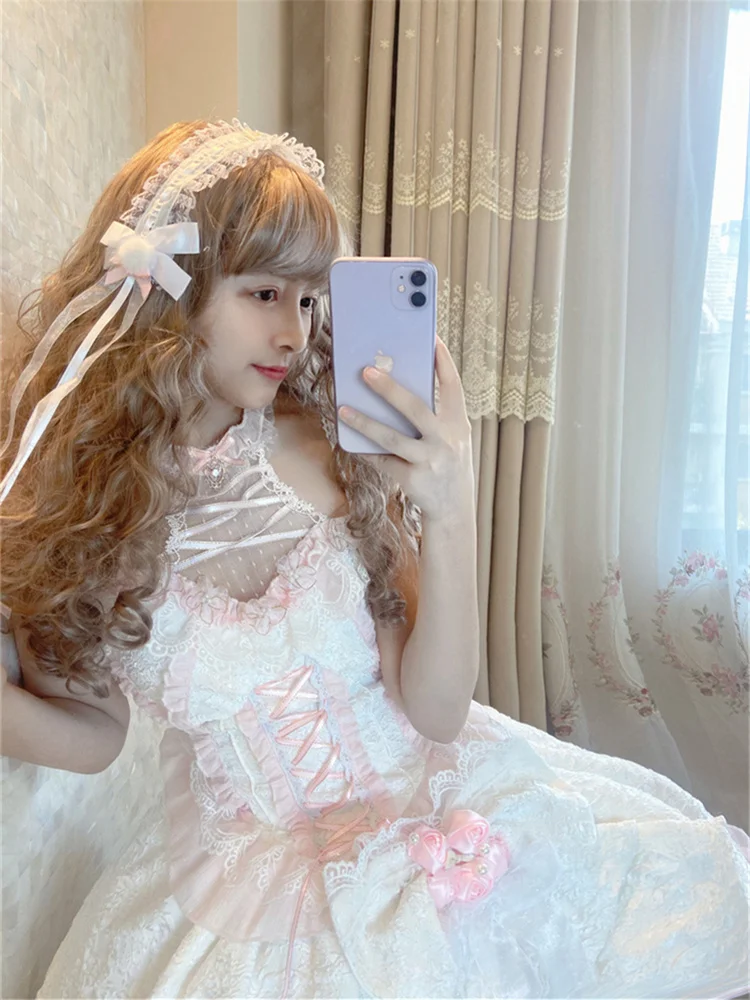 Rosa Weiß Gothic Mädchen Hochzeit Braut Wunderschöne Lolita Kleid Elegante Frau Spitze Bowknot Druck Prinzessin Cosplay Lolita Jsk