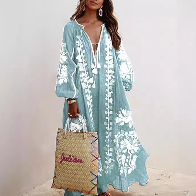 Boho Elegant Print Long Dress For Women Loose Casual V Neck Lace Up Big Hem Long Style Dresses 2024 Fashion New Lady Robe