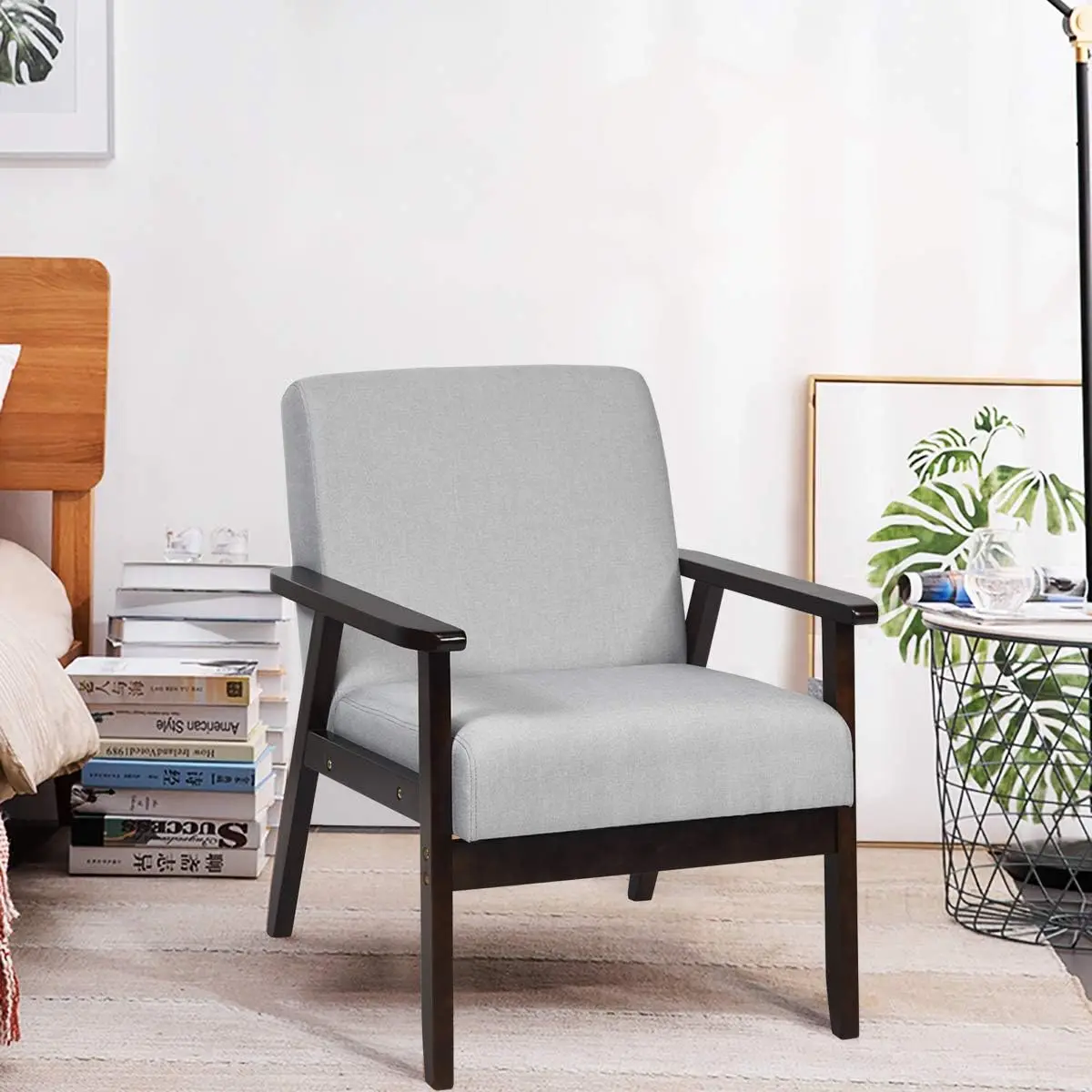 Giantex Mid-Century Modern Accent Chair, Retro Fabric Armchair, Solid Hardwood Made, Upholstered Linen Lounge Arm Chair