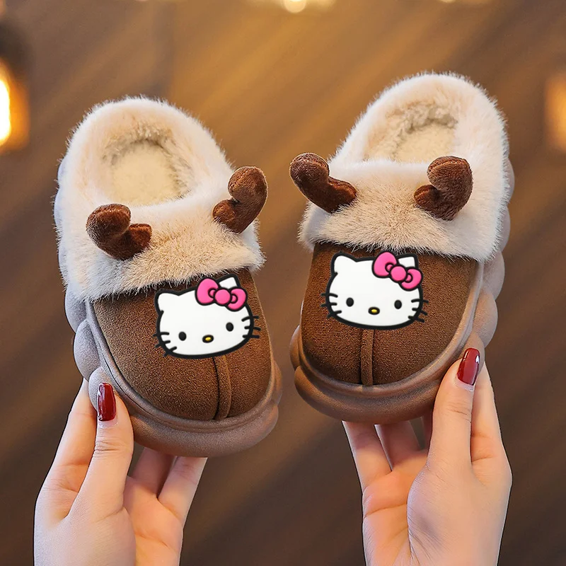 Sanurgente Hello Kitty-Pantoufles chaudes non ald pour enfants, chaussures de dessin animé pour enfants, pantoufles d'hiver pour garçons et filles, maison, extérieur, fourrure pour bébé, chaussures décontractées, nouveau