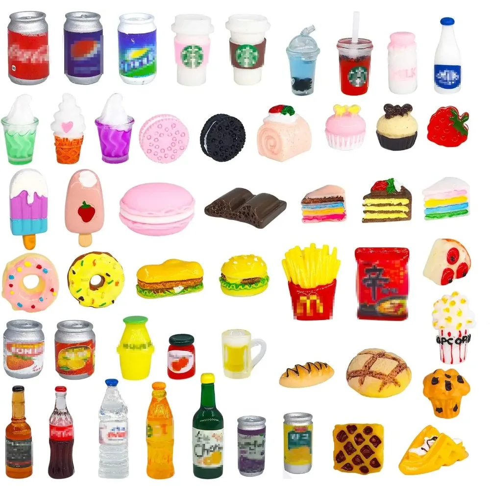 50Pcs Miniature Food Drink Bottles Soda Pop Cans Pretend Play Kitchen Game Party Accessories Toys Cake Ice Cream for Doll House