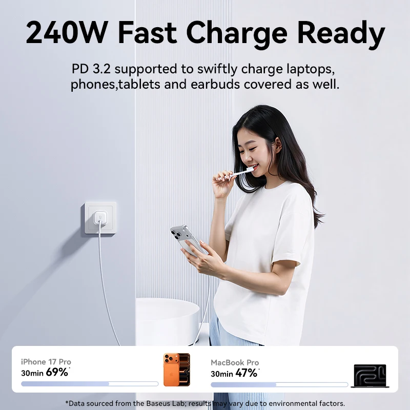 Kabel Baseus 240W Typ-C do szybkiego ładowania i transmisji danych USB-C do USB-C Graphene PD QC Quick do MacBook Pro, iPhone 17 16, Samsung — zdjęcie produktu 3