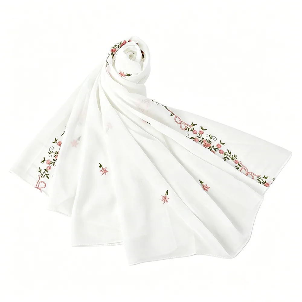 

Breathable Solid Color Floral Headscarf Embroidery Mesh Thin Flower Shawl Ethnic Style Muslim Headscarf Women