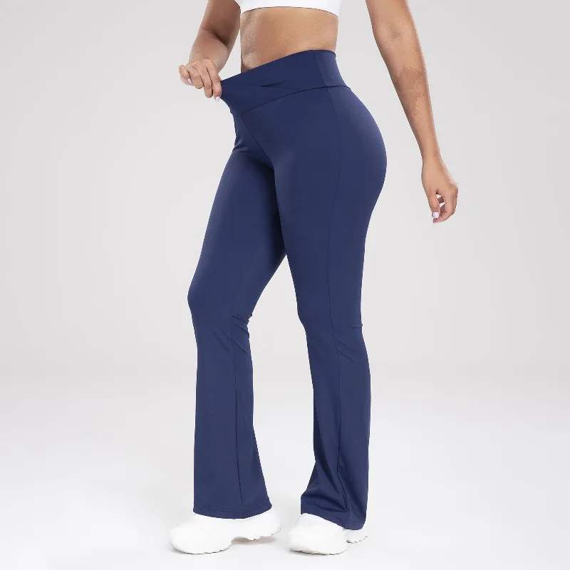 Pantalones deportivos de cintura cruzada para mujer, pantalones informales con parte inferior acampanada, pantalones de Yoga ajustados, levantamiento de glúteos de cintura alta, mallas de color melocotón