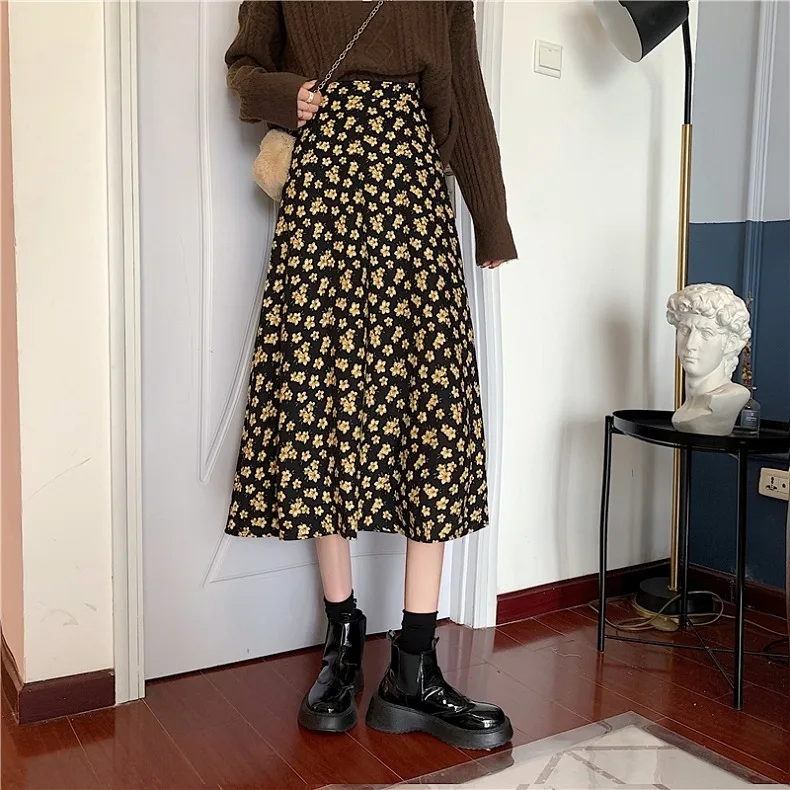 

Ретро-юбка миди с цветочным принтом и плиссировкой, женская, осенне-зимняя, новая, А-силуэт, длинная, с завышенной талией, в корейском стиле, для офиса, с узором