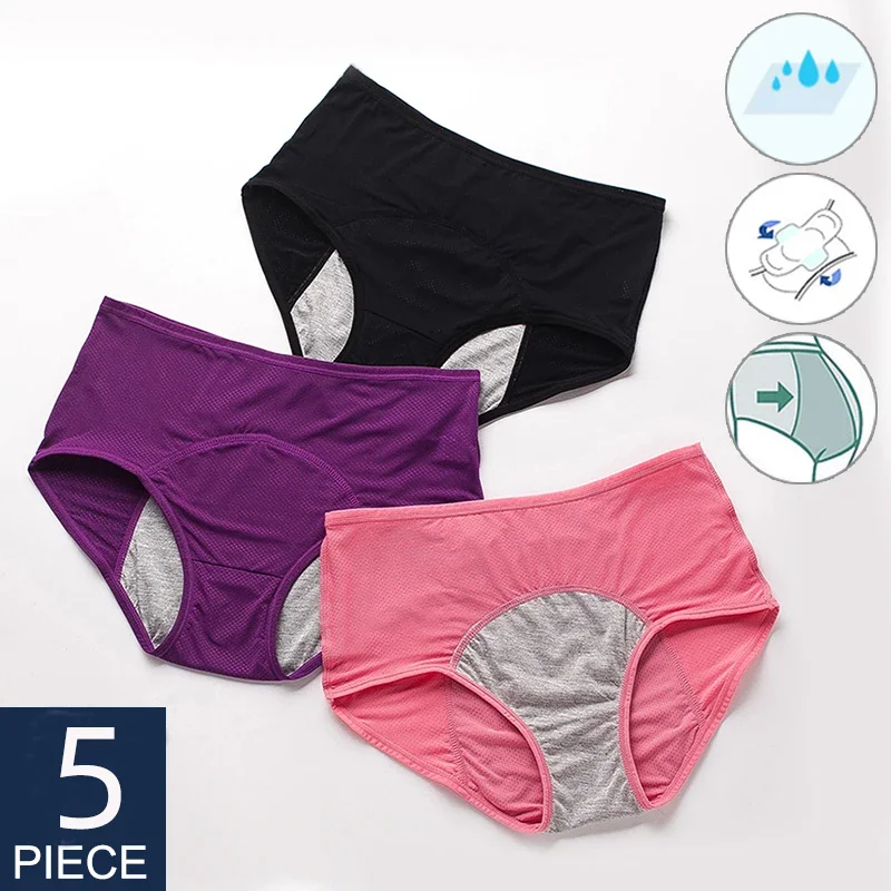 

5pcs/Set Leak Proof Menstrual Panties Women Period Underwear Sexy Pants Physiological Underwear Plus Size Waterproof Briefs