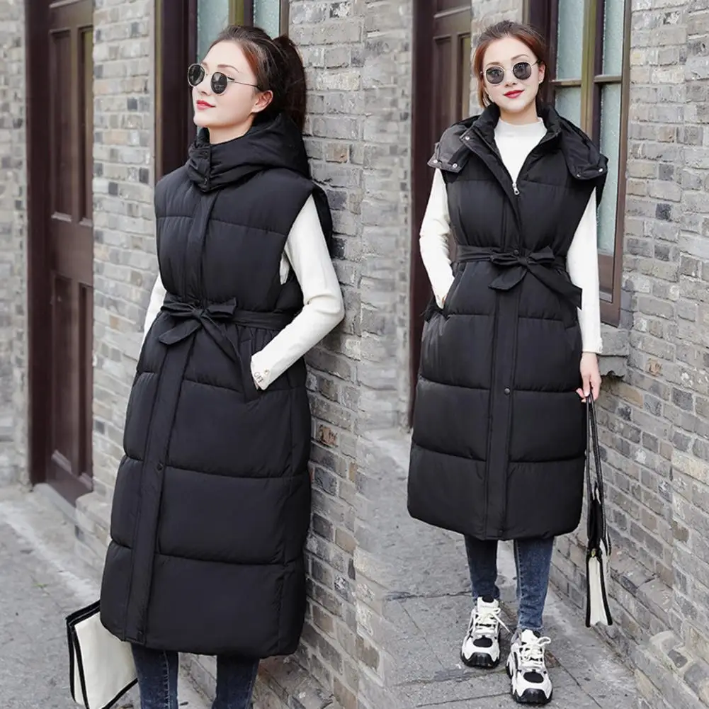 Winter Women Waistcoat Thickened Padded Zipper Closure Hooded Vest Coat Sleeveless Windproof Heat Retention Outdoor Down Coat