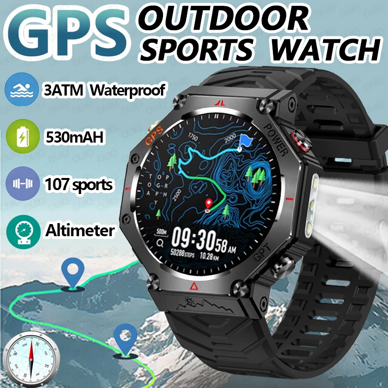 

Новые точные умные часы с GPS, 3 атм, водонепроницаемый компас, высота 107, спортивный режим, Bluetooth-вызов, военный фонарик, мужские спортивные часы