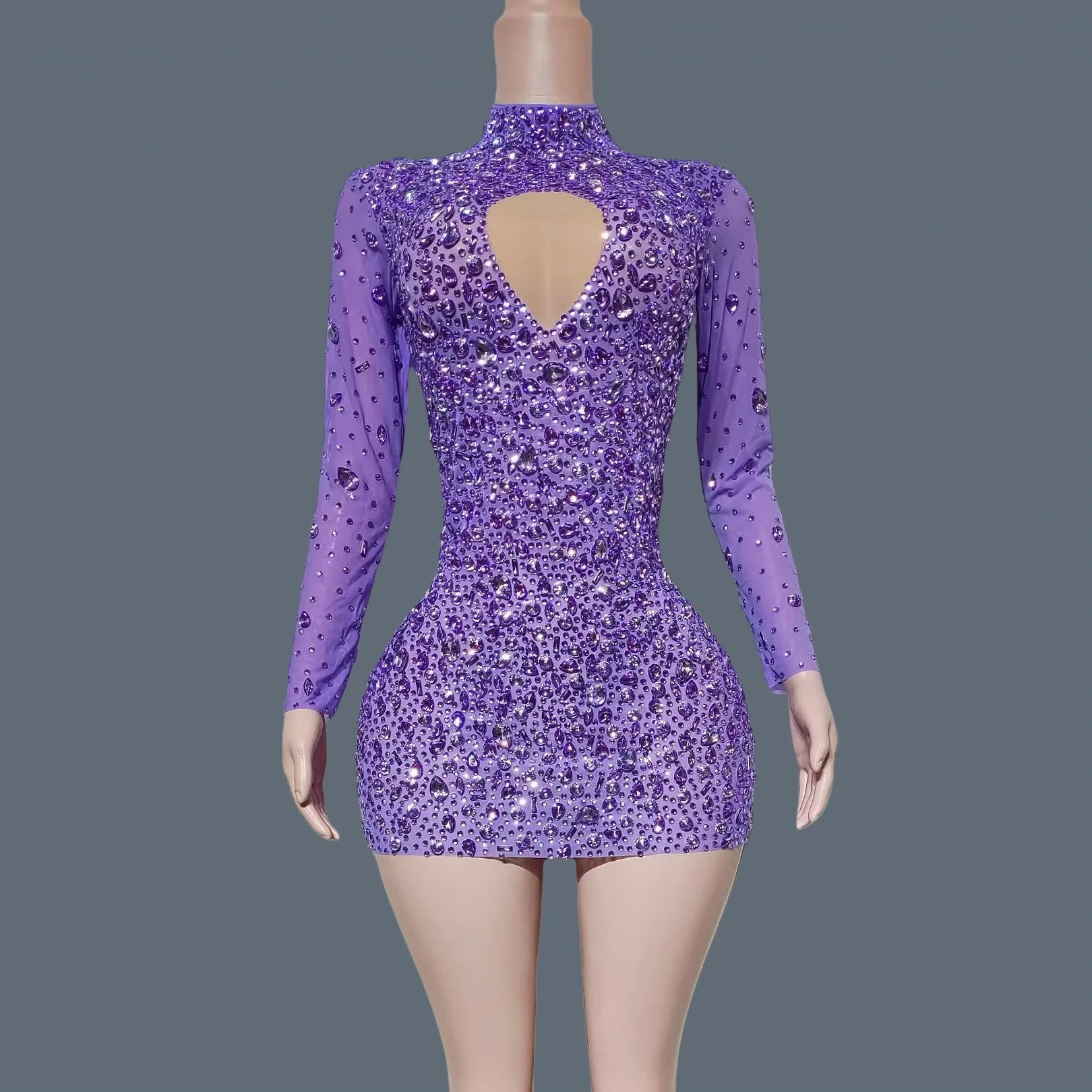 

Sparkly Crystals See Through Mesh Mini Dress Birthday Party Hot Girl Outfit Photo Shoot Wear Cocktail Long Sleeves Dress Cuican