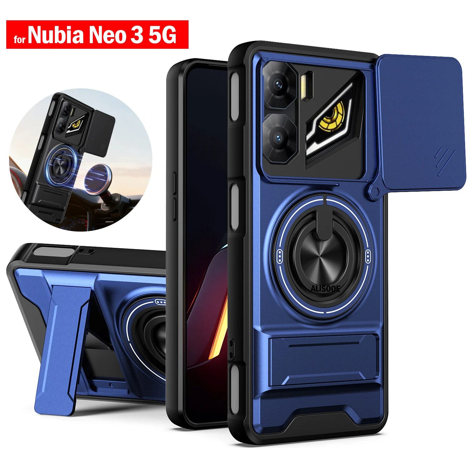 Funda for Nubia Neo 3 5G Case Rotatable Slide Camera Protection Ring Stand Shockproof Cover Capa Funda