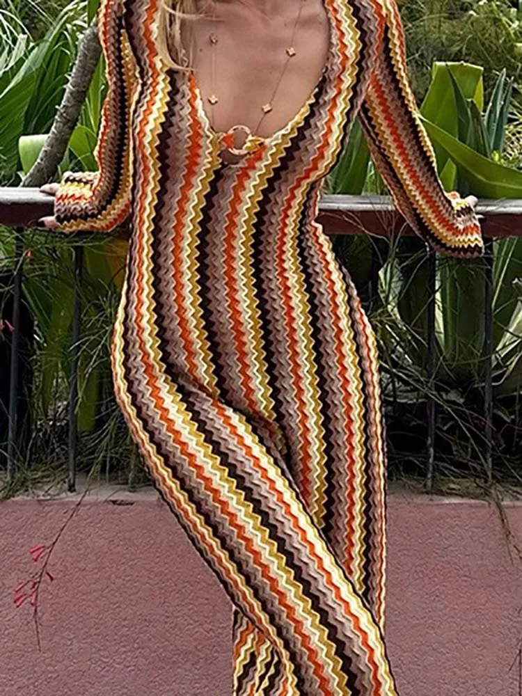 

Sexy Lady V Neck High Waist Slim Holiday Dress Beach Wrap Hip Autumn Robe Dress Colorful Striped Printed Long Sleeve Party Dress
