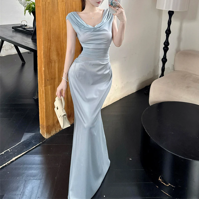 BGTEEVER スタイリッシュでシックなレディーススラッシュネックレースアップスキニードレスエレガントな夏スリムウエスト女性ノースリーブパッケージヒップサテンドレス