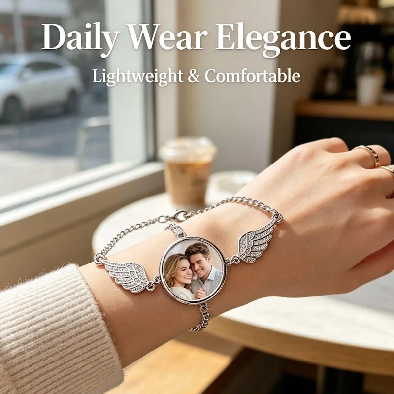 Personalised photo/text angel wings bracelet round pendant adjustable bracelet keepsake jewellery gift for women, lovers, mums