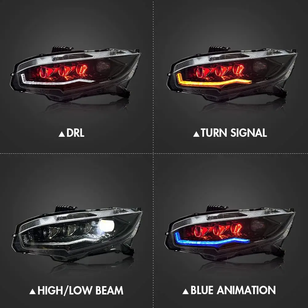 RGB Headlights for Honda Civic 10th Gen 2016-2021 Sedan Hatchback Si Type R Touring Sport EX EX-L LX Sequential Custom Replaceme