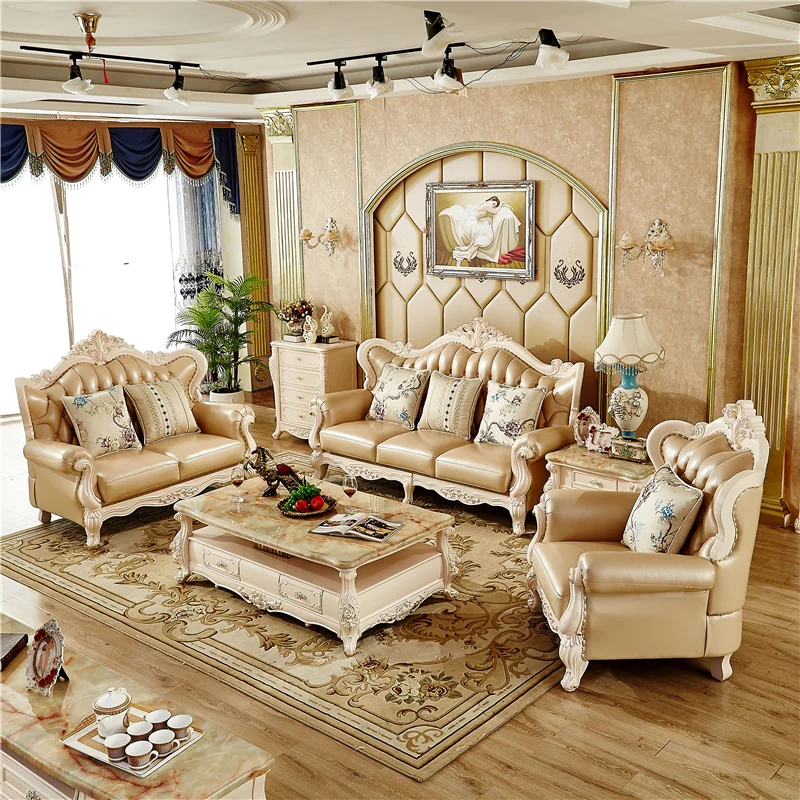 Pearl White Classic Solid Wood Frame Sofas Carved Art Design Living Room Genuine Leather Furniture Sectionals Sofa Set