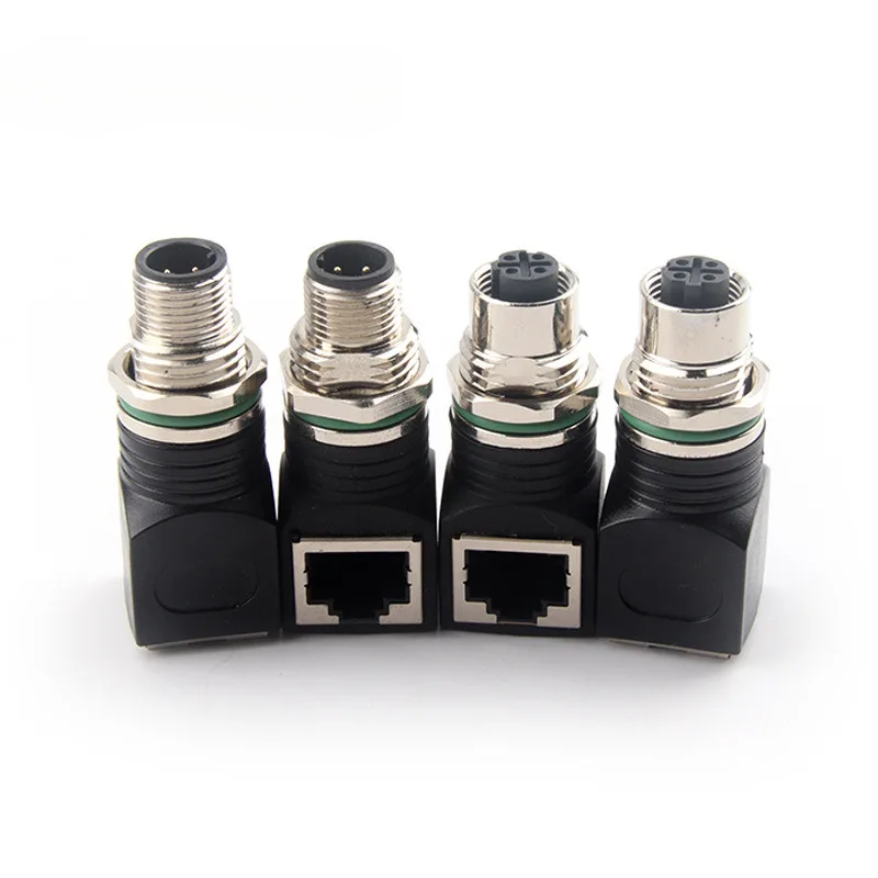 

Переходник M12, 4-контактный, 8-контактный, кодирующий штекер, гнездовой, прямоугольный, RJ45, водонепроницаемый разъем