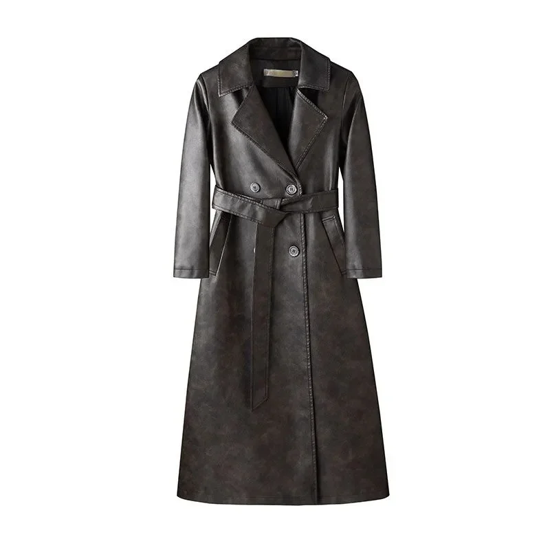 2025 신상 가을 겨울 고품질 X롱 레더 코트 여성 인조 가죽 재킷 더블 브레스티드 새시 캐주얼 레이디 오버코트