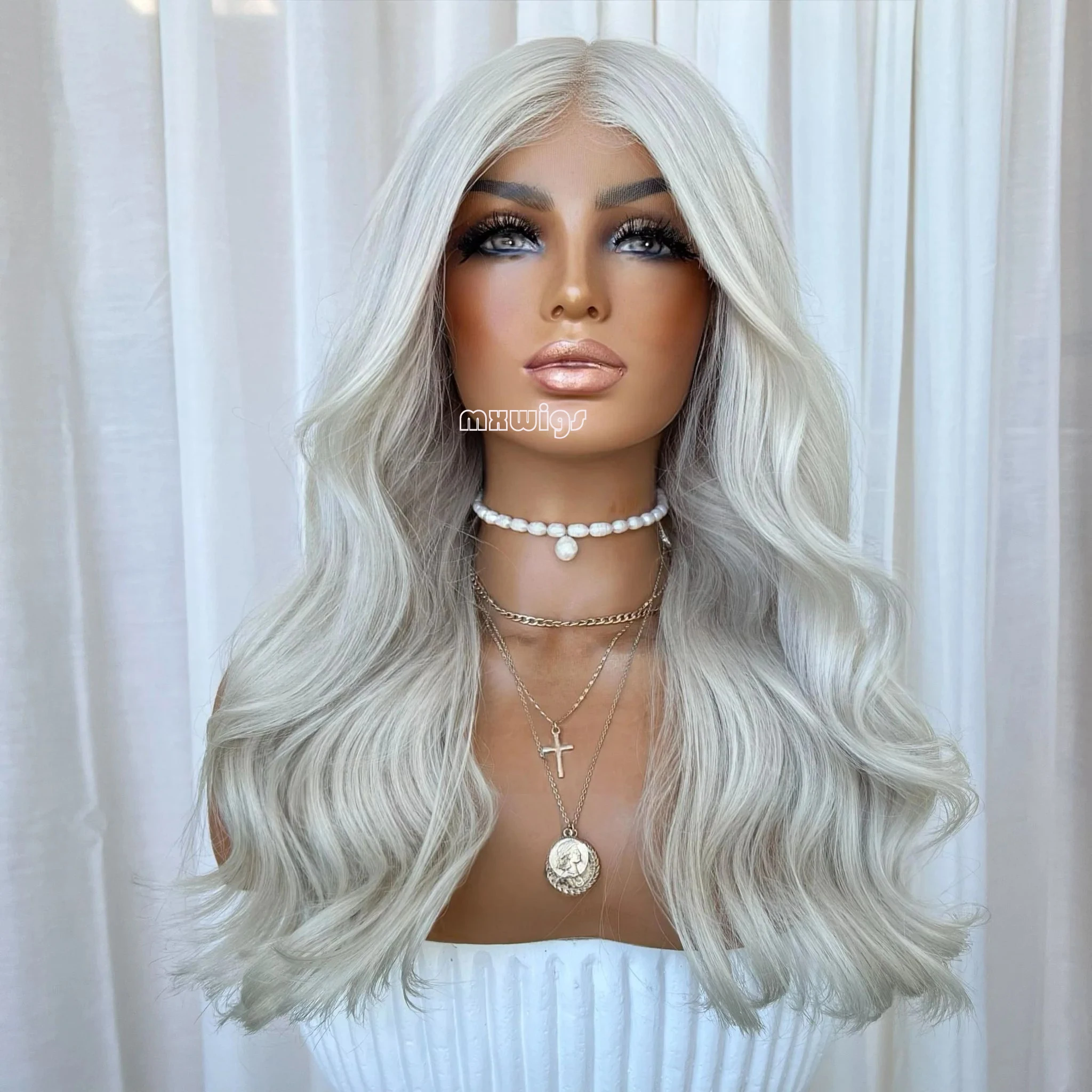 MXWIGS Silver Blonde Synthetic  Hair 13X4 Lace Front Wigs For Women  Middle Part Prepluck Hairline Long Wave Daily Lace Wig