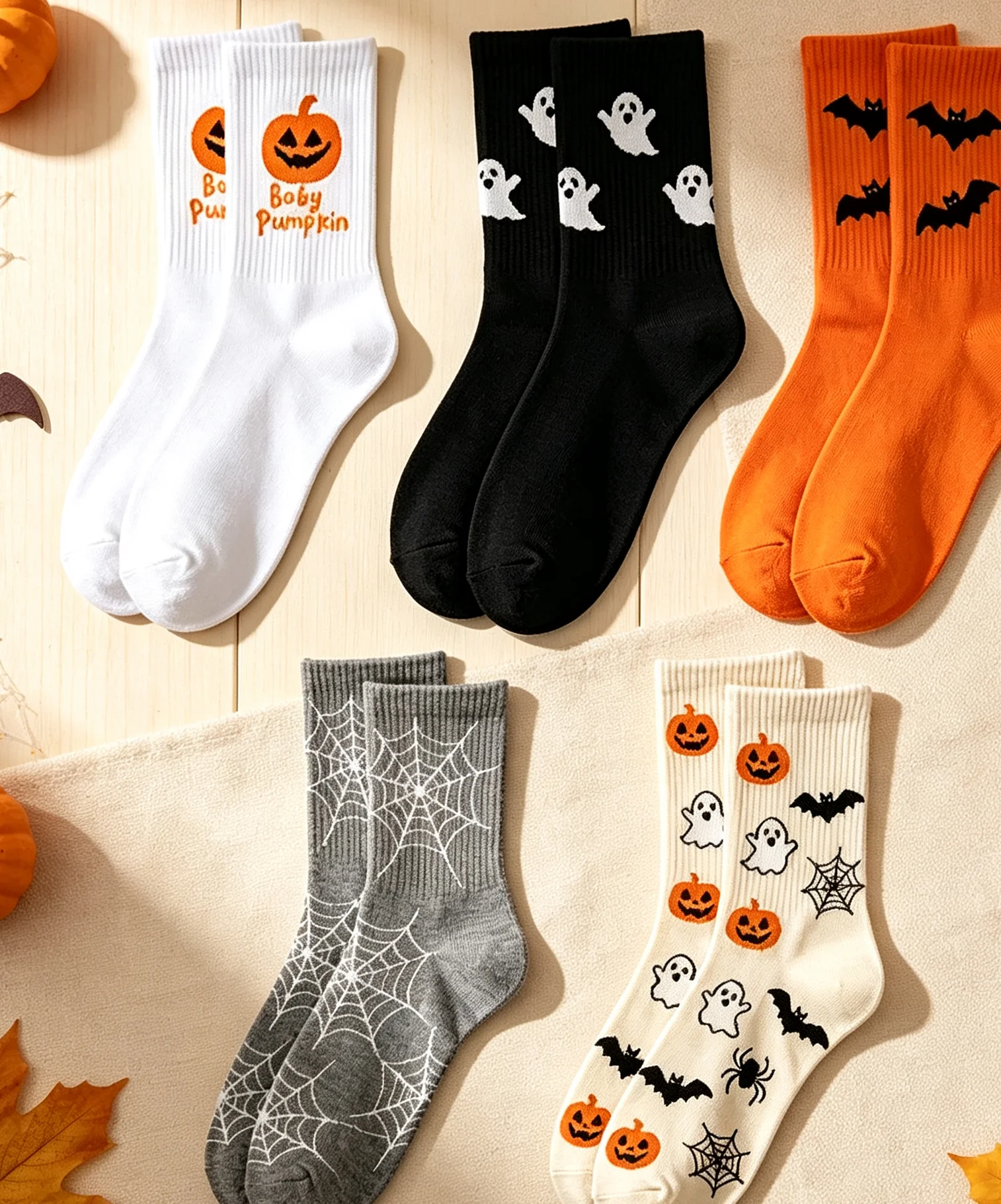 10/5 Pairs of Randomly Assorted Halloween Cartoon Socks, Casual Socks with Pumpkin, Ghost, Bat, and Spider Web Prints, Unisex, for Everyday Party Wear
