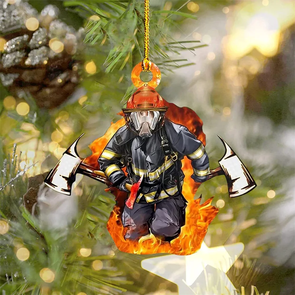 شجرة عيد الميلاد زخرفة النار تحت عنوان ديكور المنزل سلسلة مفاتيح مصنوعة من الأكريليك شخصية رجال الاطفاء قلادة للهدايا لرجال الإطفاء