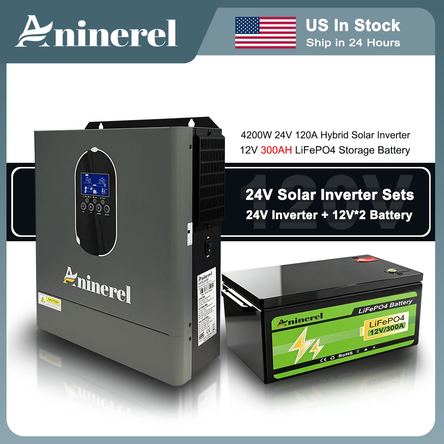 Aninerel Solar Inverter Set 4200W 24V Off-Grid Hybrid Solar Inverter Built-in 120A MPPT Pure Sine Wave 24V(12V + 12V in series) Solar Solar Battery Built-in BMS LiFePO4 Battery 6000+ Cycles US In Stock