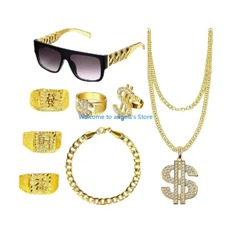 x4yc 80s 90s 의상 힙합 의상 키트 래퍼 액세서리 선글라스 골드 체인 링 할로윈 코스프레 파티 장식