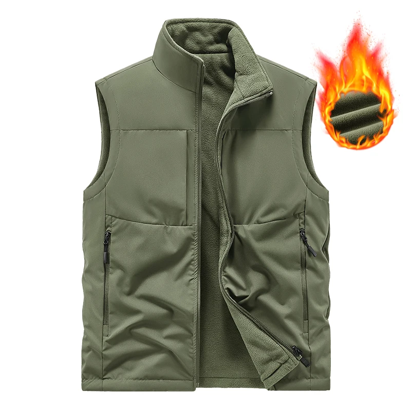 

Autumn Winter Fashion Men Casual Sleeveless Jackets Solid Fleece Zipper Vest Male Multi-pocket Waistcoat Wear on Both Side Vests