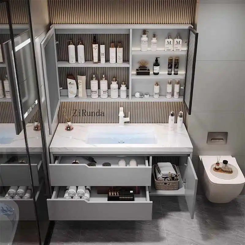 Marble-topped MDF bathroom vanity with luxurious wood planks with sink and mirror