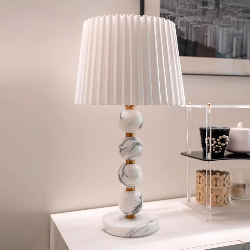 Modern Marble Table Lamp Pleated Fabric Shade Desk Light Gold Accent Bedside Fixture Bedroom Living Room Dining Hotel Home Decor