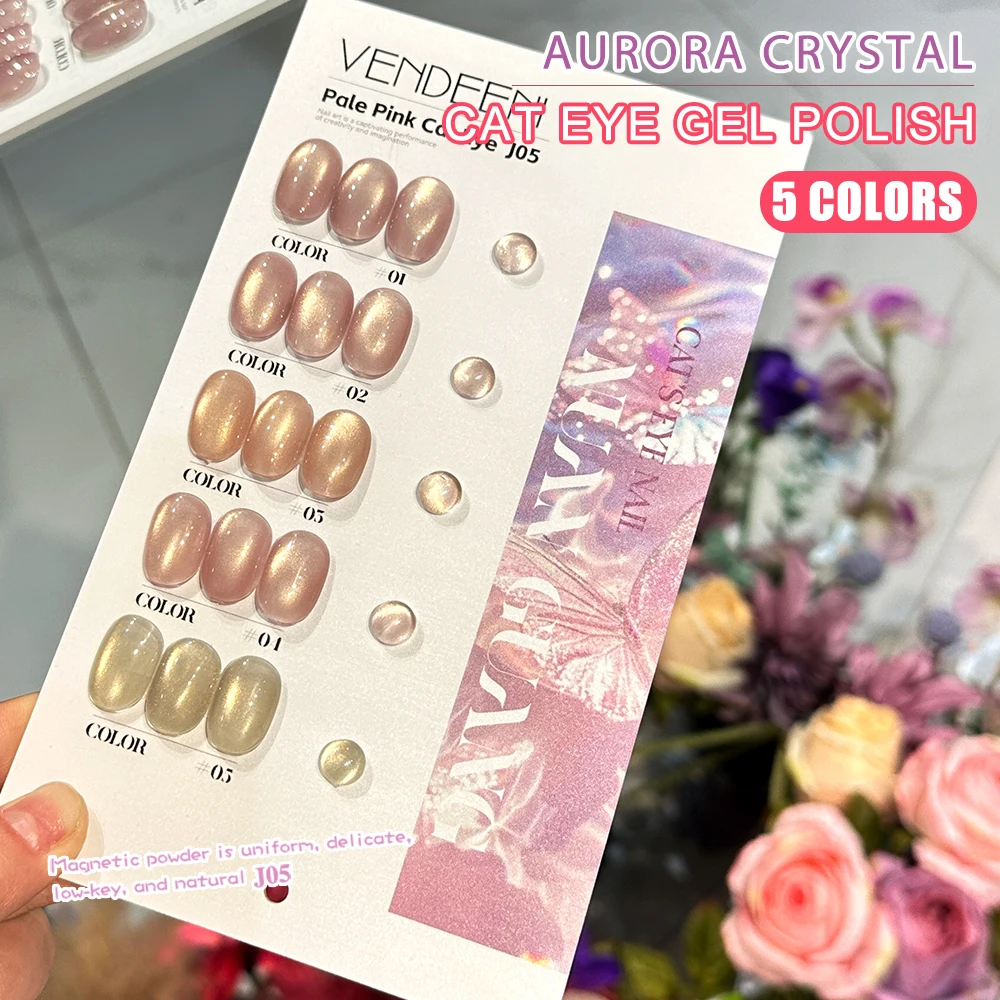 Vendeeni 5 Farben Pfirsichrosa Kristall-Katzenaugen-Gel-Nagellack-Set Magnetischer UV-LED-Gel-Lack Glasperlen-Katzenaugen-Gel mit Display – Detail 3