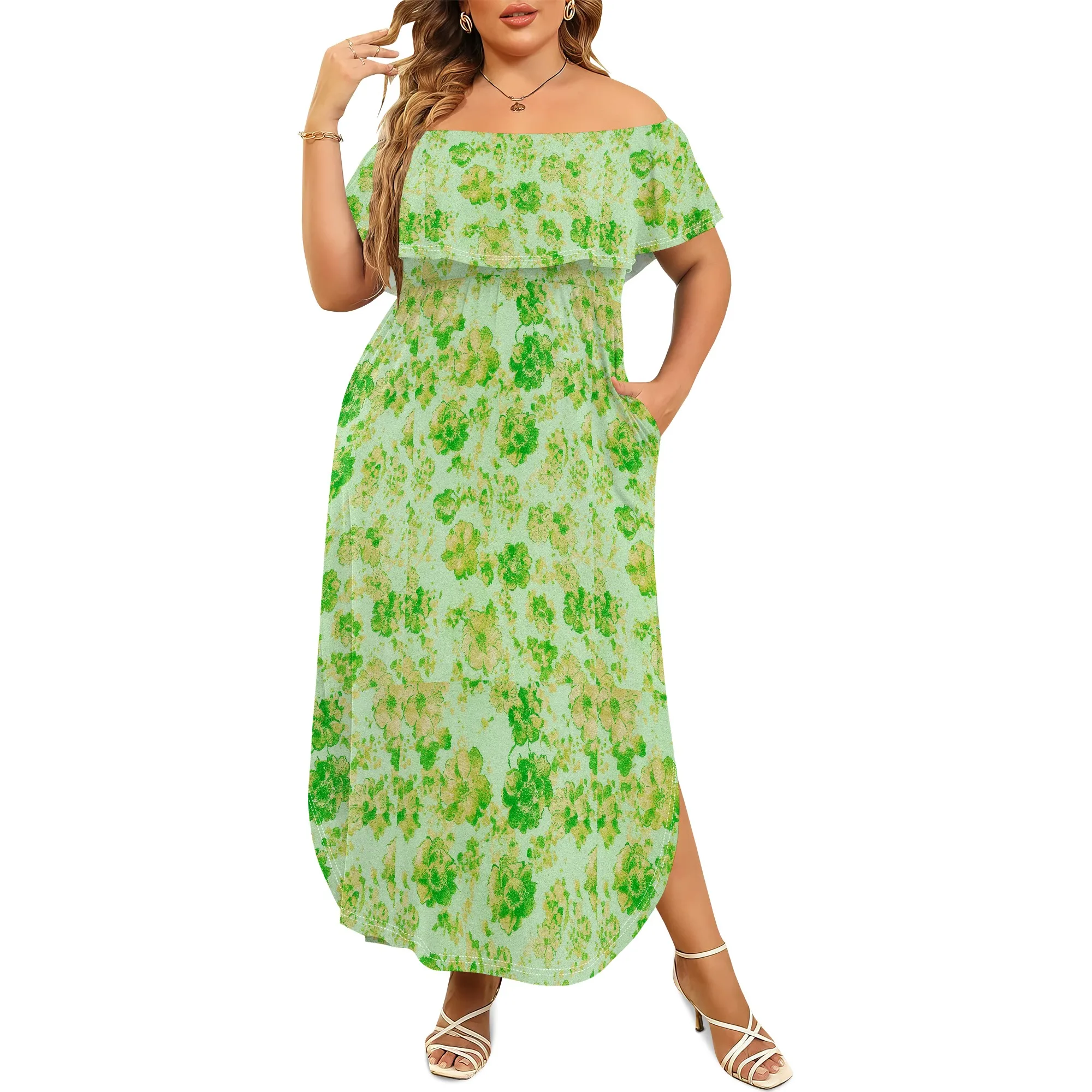 

Women's Upper Flounce Layer Off Shoulder Plus Size Slit Maxi Dress