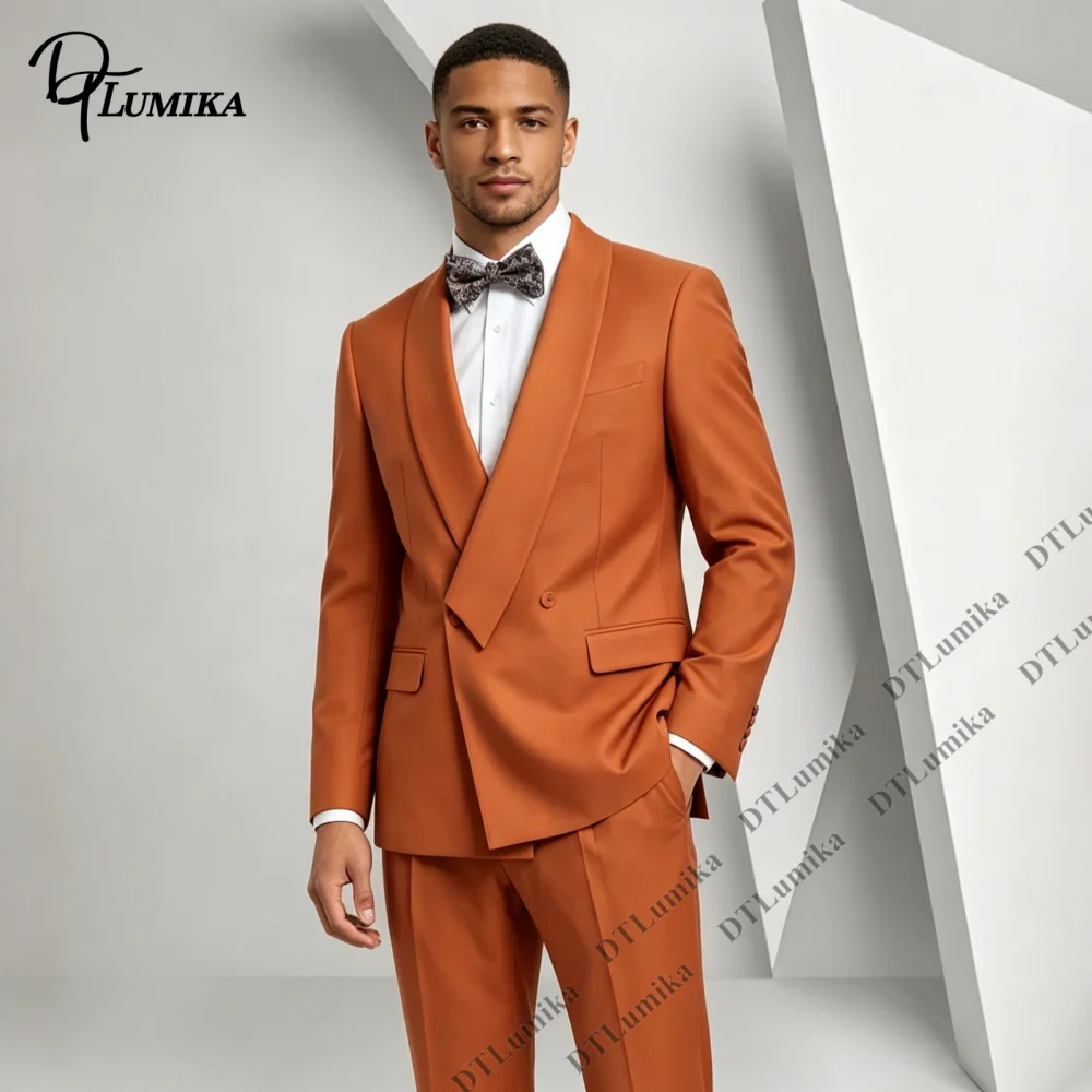 Minimalist Double Breasted Shawl Lapel Men Suit Solid Slim Fit 2 Piece Jacket Pants Formal Wedding Groom Prom Gala Tailored