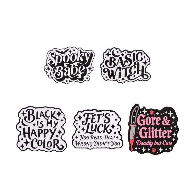 Gothic Witchy Text Black Is My Happy Color Badge Enamel Pin Spooky Babe Basic Witch Bat Brooch Lapel Bag Badge Punk Jewelry Gift