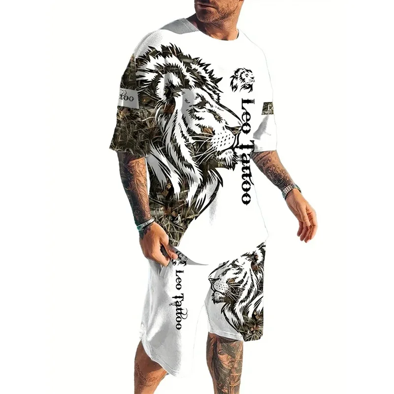

2025 New Summer Men's Suit Sportswear Tiger Printed Casual Street Set 3D Stereo Printed Beachwear Men's T-shirt Shorts