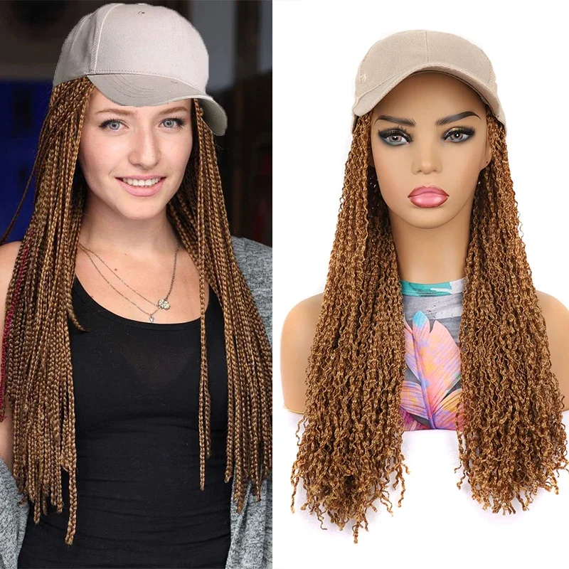 

16 Inches Wavy Synthetic Baseball Cap Hat Wig Hair with Box Braided Hair Box Braided Wigs for Women Adjustable Daily Use