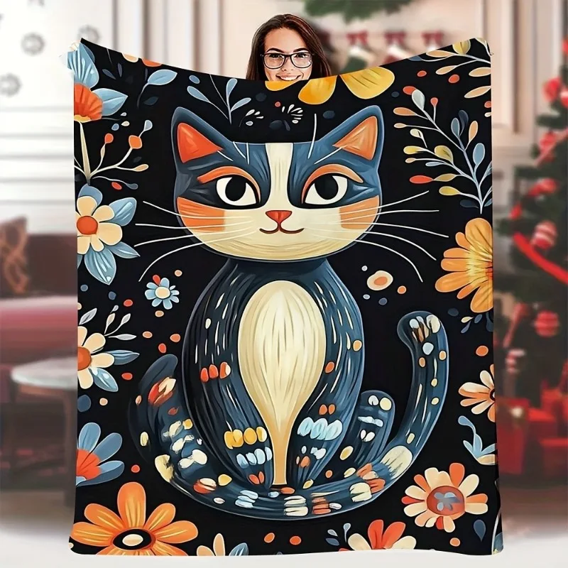1-teilige weiche Flanelldecke mit Katzen- und Blumenmuster im Retro-Stil – geeignet für Sofas und Betten – ganzjährig bequem