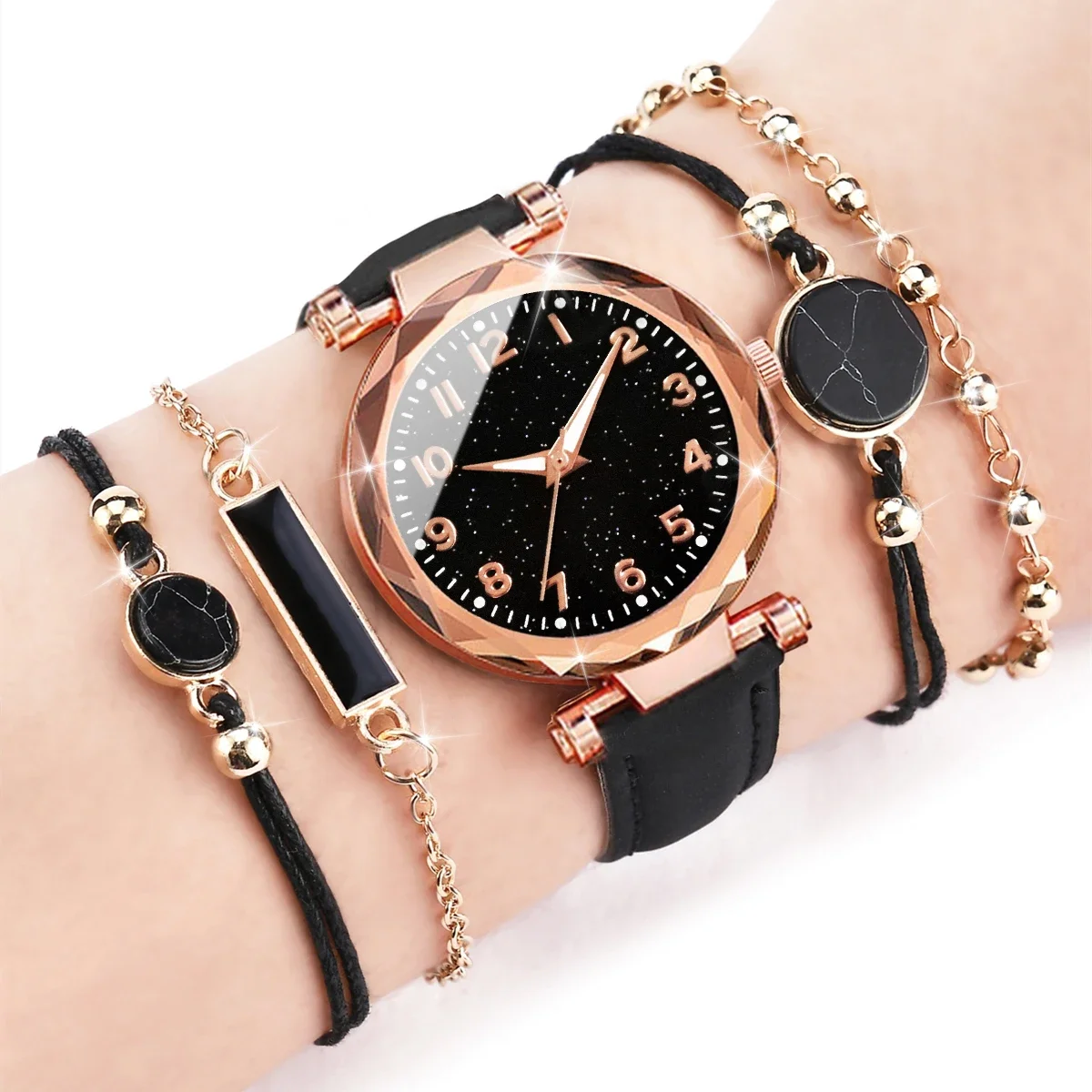 5PCS/Set Women‘s Watches Ladies Fashion Leather Band Analog Quartz WristWatch Bracelets Set